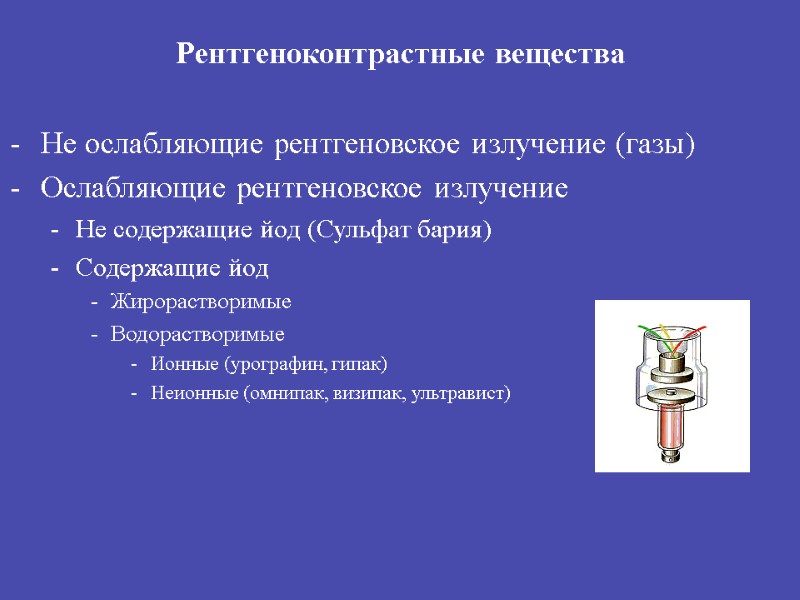 Рентгеноконтрастные вещества  Не ослабляющие рентгеновское излучение (газы) Ослабляющие рентгеновское излучение Не содержащие йод